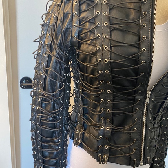 Black leather Biker Jacket with eyelets size Xtra small to small, badass! - Picture 4 of 15